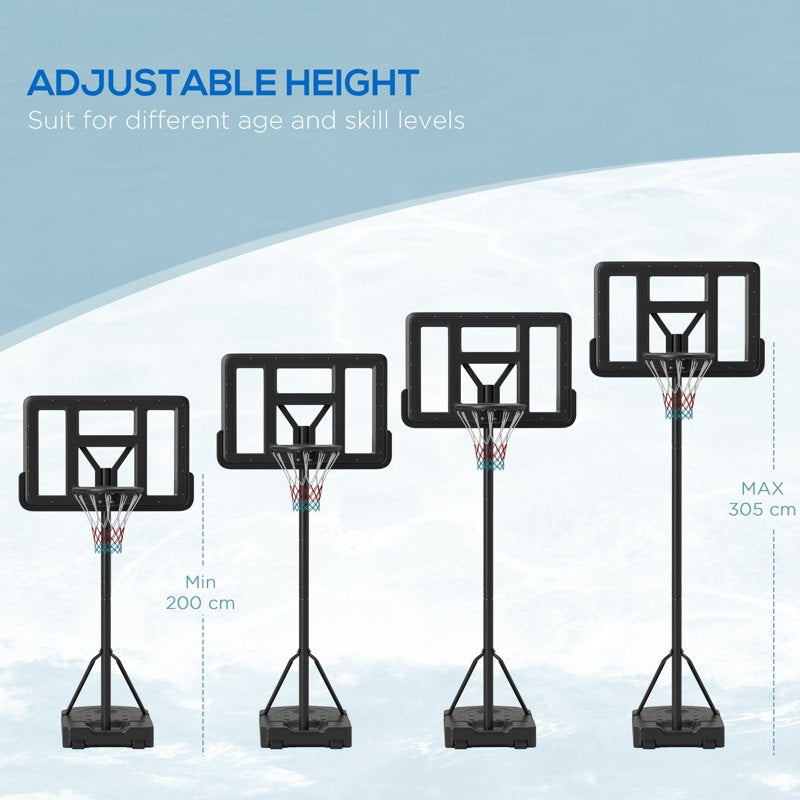 SPORTNOW Height Adjustable Basketball Stand Net Set System, Freestanding Basketball Hoop and Stand w/ Wheels, 200-305cm - Black