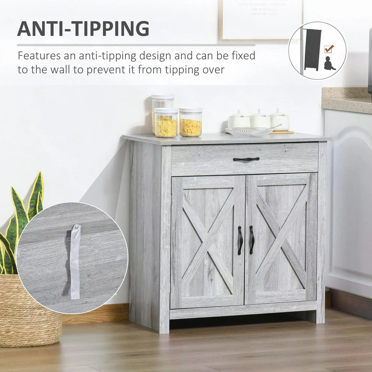 HOMCOM Farmhouse Barn Door Sideboard Storage Cabinet Coffee Bar for LIVING Room  Grey Grain