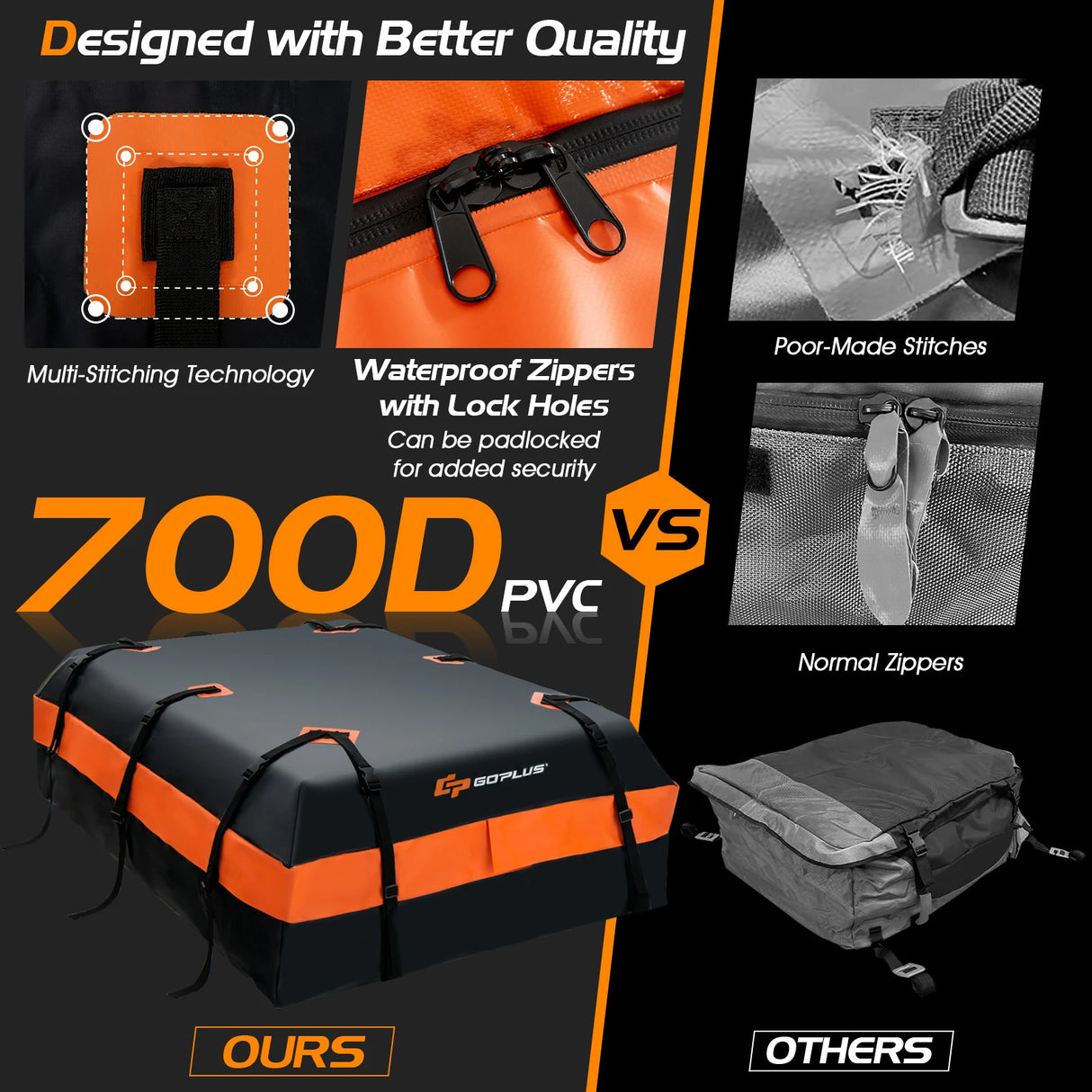 Waterproof roof box with 600 L capacity for all vehicles 132x100x43cm Black+Orange