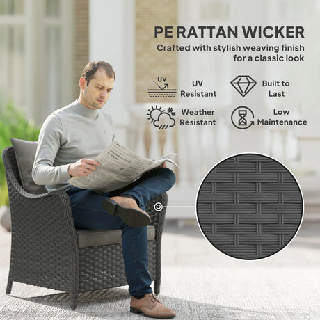 Outsunny Rattan Garden Chairs Set of 2, Outdoor Rattan Chairs with Cushions, Armrests and High Back, PE Wicker Garden Armchair with Steel Frame for Balcony, Porch, Dark Grey