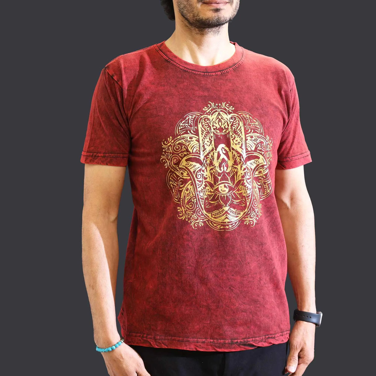 Nomad Sari Stonewashed Cotton T-Shirt  Hamsa  Maroon  Medium