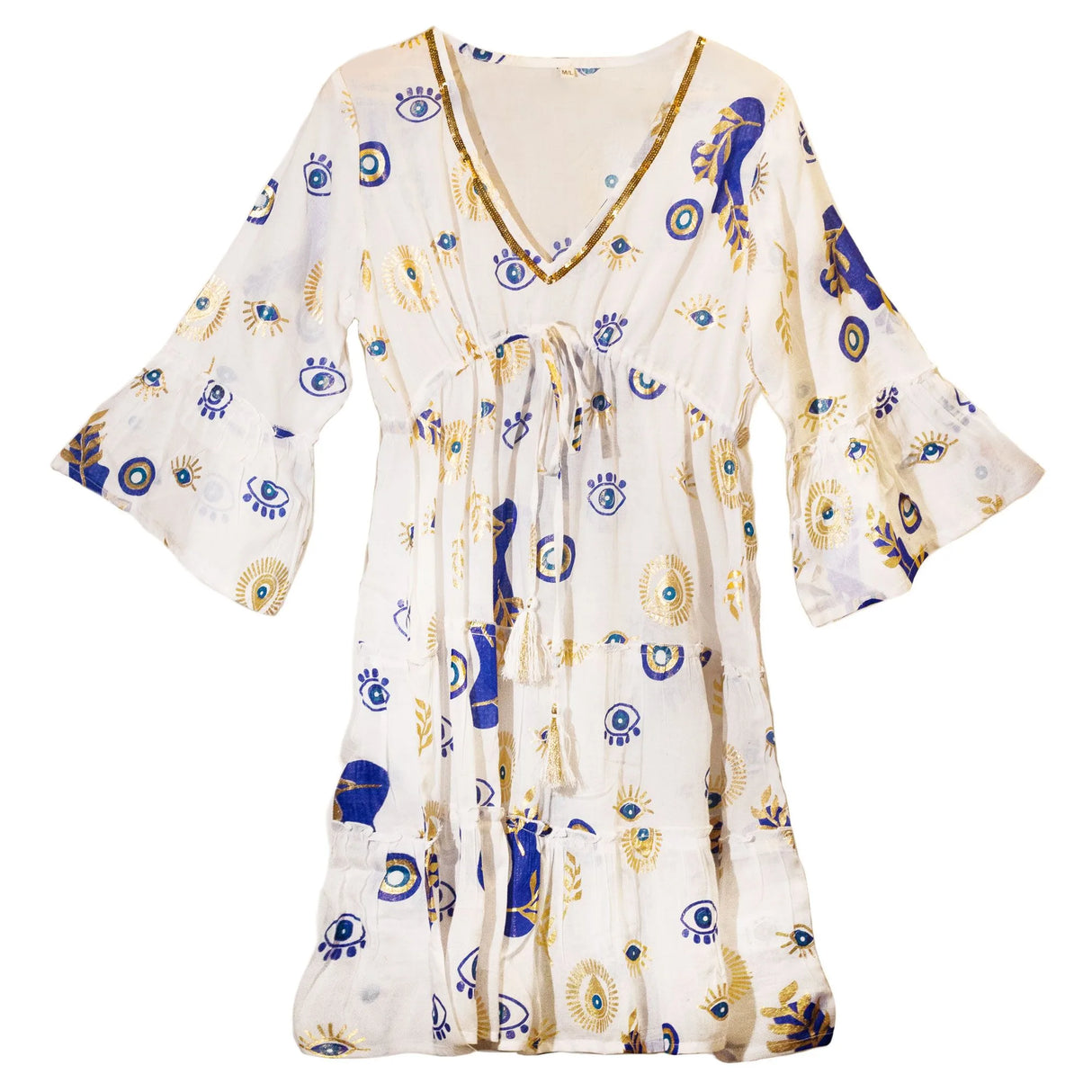 Nomad Sari Evil Eye Dress  White, Blue & Gold  Size M/L
