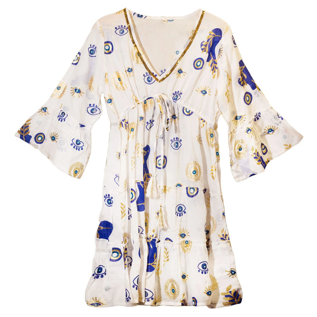 Nomad Sari Evil Eye Dress  White, Blue & Gold  Size L/XL