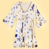 Nomad Sari Evil Eye Dress  White, Blue & Gold  Size L/XL