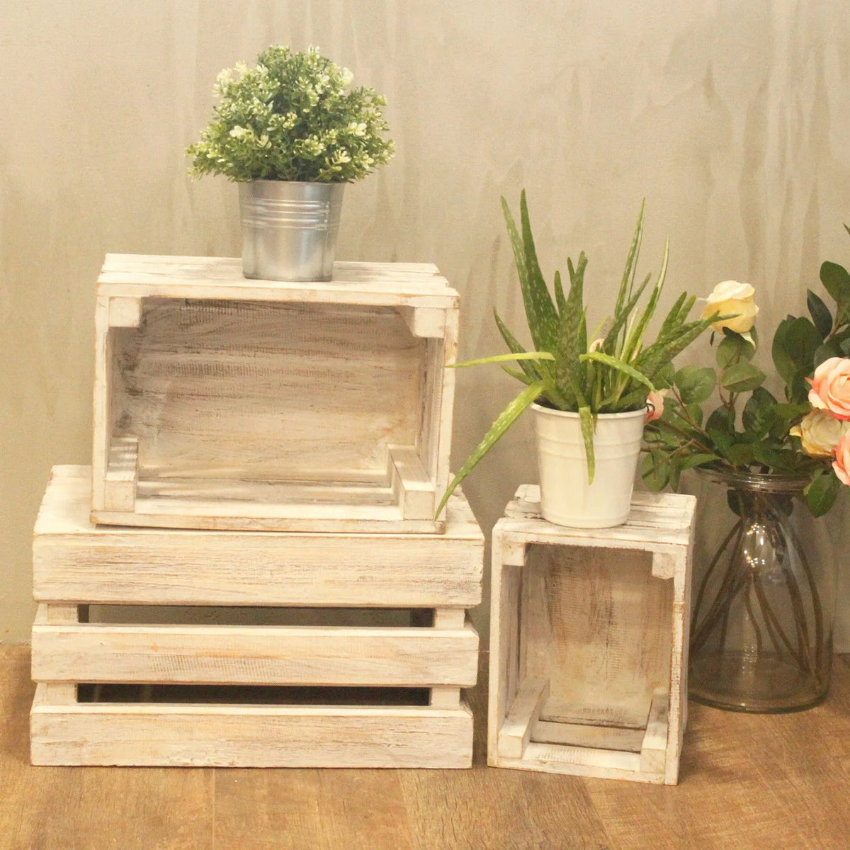 Wooden Storage Crates  Whitewash (Set of 3)