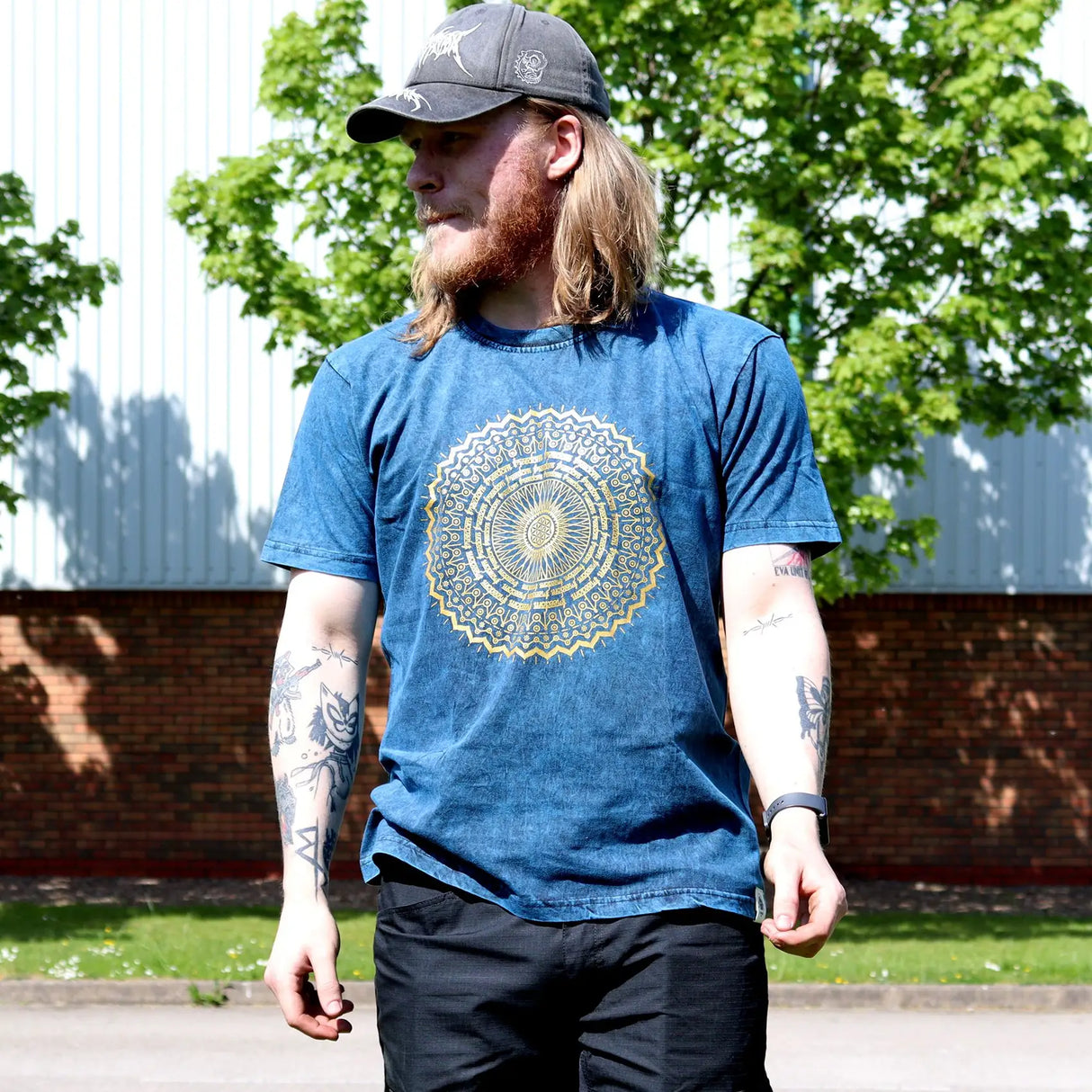 Nomad Sari Stonewashed Cotton T-Shirt  Mandala  Blue  Large