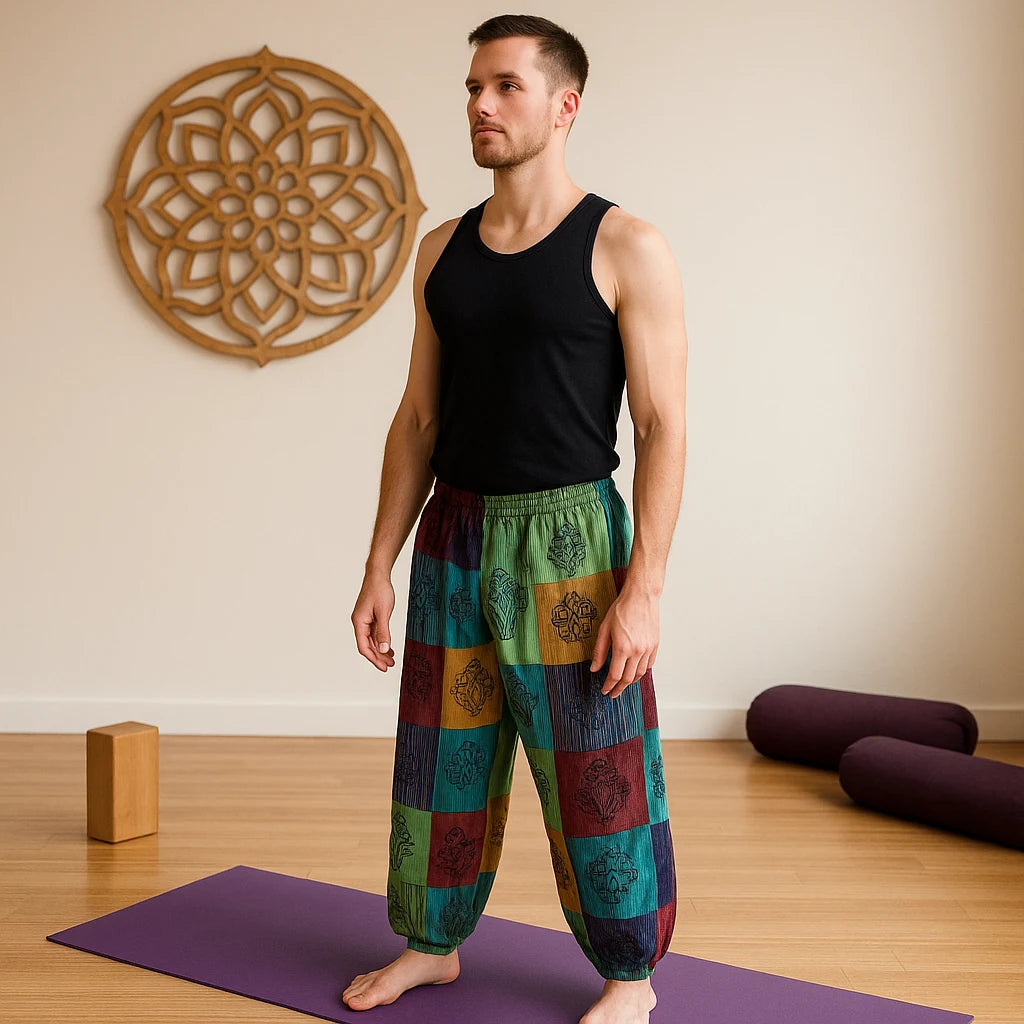 Nomad Sari - Mushroom Pants - Block Print Designs - Green Tones L/XL