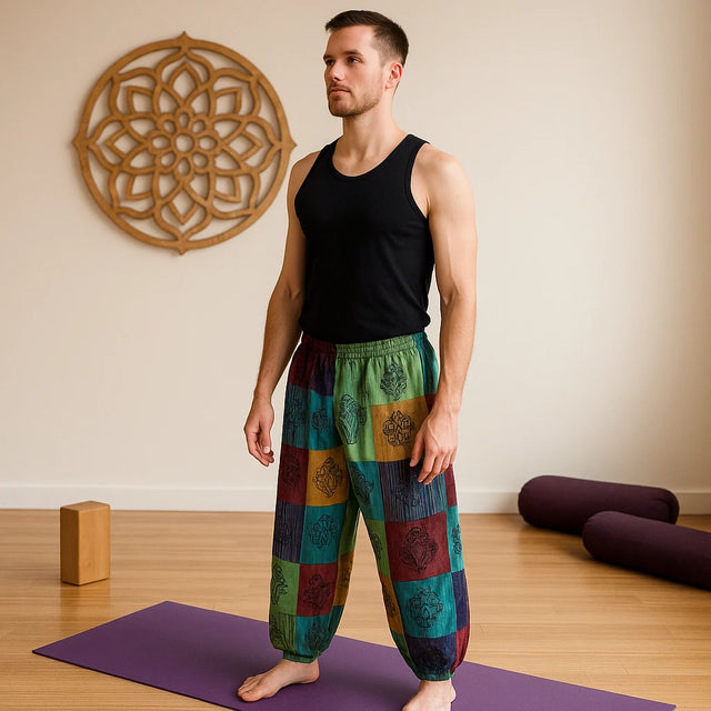 Nomad Sari - Mushroom Pants - Block Print Designs - Green Tones L/XL