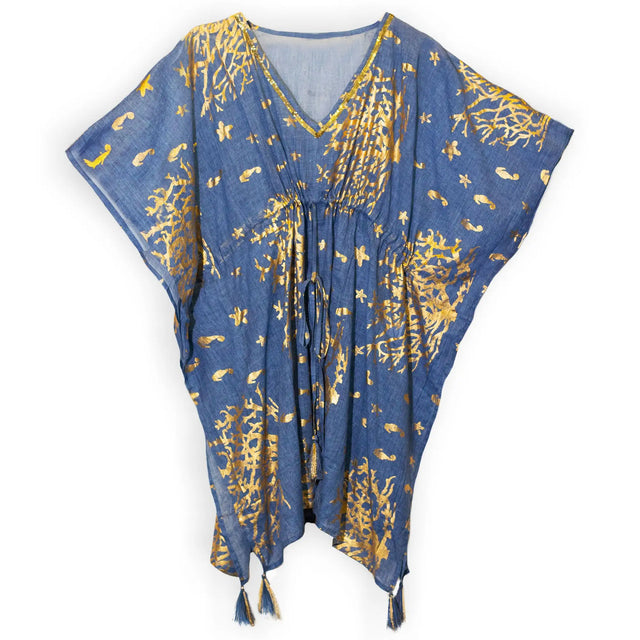 Nomad Sari Kaftan  Sea Blue with Gold Coral Print