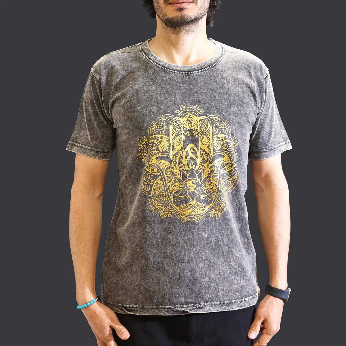 Nomad Sari Stonewashed Cotton T-Shirt  Hamsa  Dark Grey  Medium
