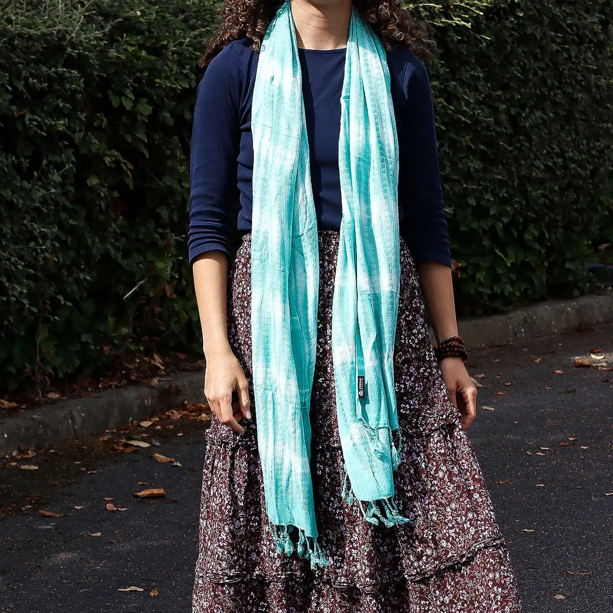 Boho Java Art Stole/Scarf - Teal Stripes & Motiff - 62x200cm