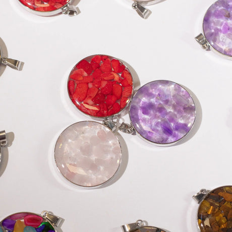 Steel Cased Pendant Round - 12 Assorted Gemstone Chips & Shells