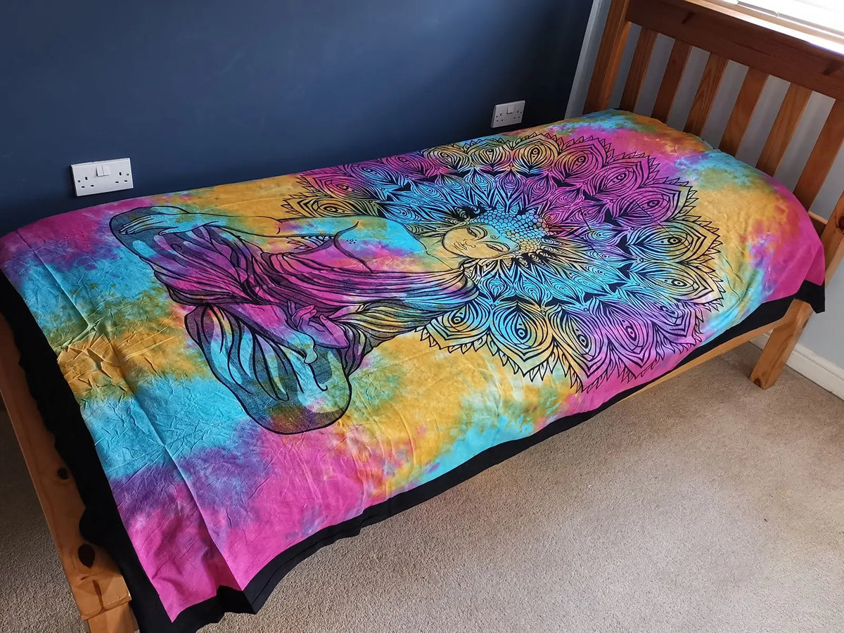 Single Cotton Bedspread + Wall Hanging - Peaceful Buddha