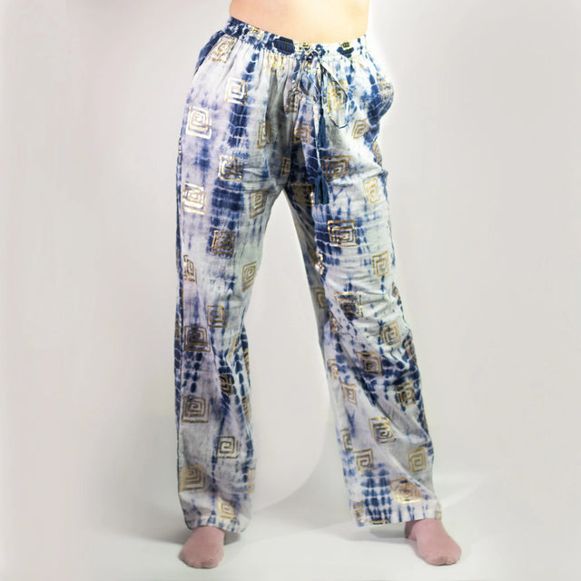 Nomad Sari Lounge Pants (M/L)  Blue Tie-Dye with Gold Greek Motif