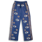 Nomad Sari Lounge Pants (L/XL)  Rich Blue with Hand-Painted Gold Evil Eye Design