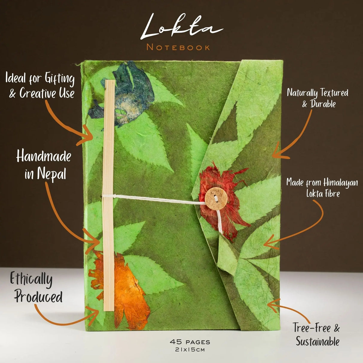 Lokta Bold Floral Notebook  Large (21x15cm)  45 Leaves  Includes Bookmark  Moss Green