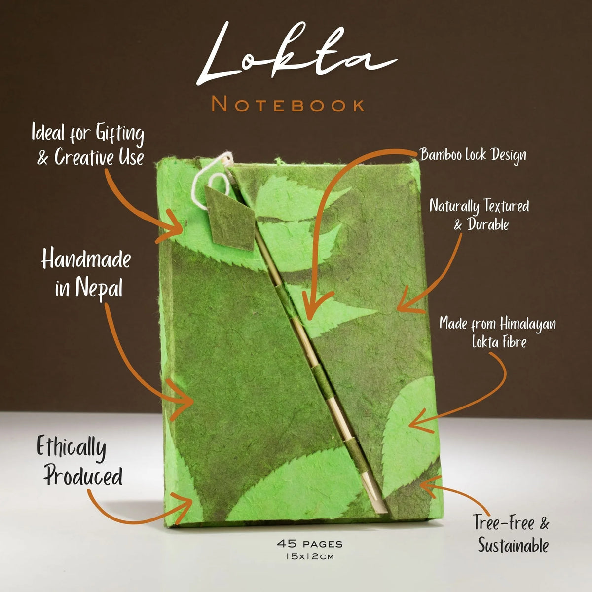 Lokta Bold Floral Bamboo Lock Notebook  Medium (15x12cm)  45 Leaves  Moss Green