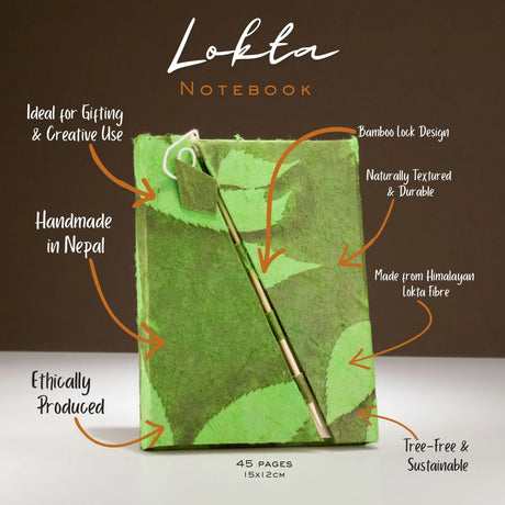 Lokta Bold Floral Bamboo Lock Notebook  Medium (15x12cm)  45 Leaves  Moss Green