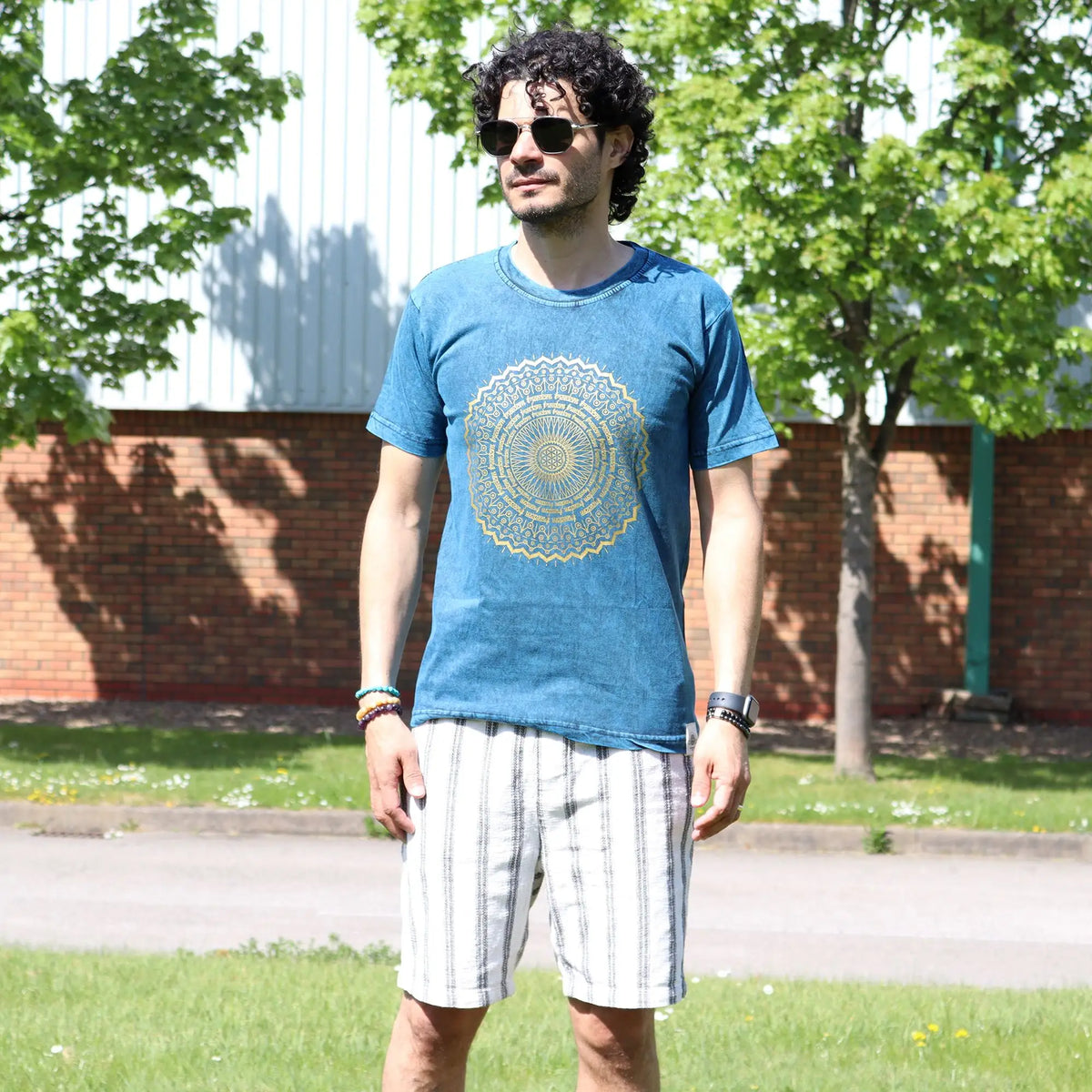 Nomad Sari Stonewashed Cotton T-Shirt  Mandala  Blue  Small