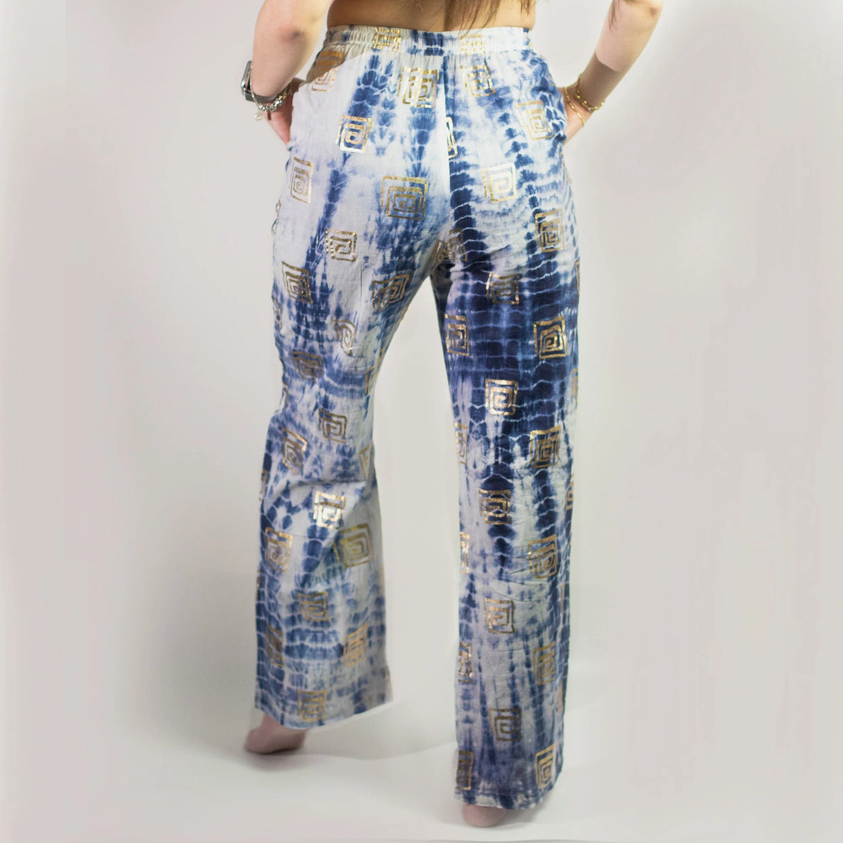 Nomad Sari Lounge Pants (L/XL)  Blue Tie-Dye with Gold Greek Motif