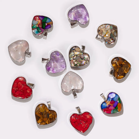 Steel Cased Pendant Hearts - 12 Assorted Gemstone Chips & Shells