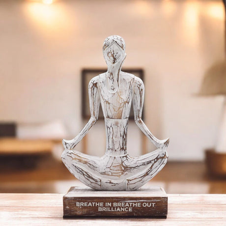 Wooden Yoga Lady - Whitewash - Easy Pose - "Breathe in Breathe out Brilliance"