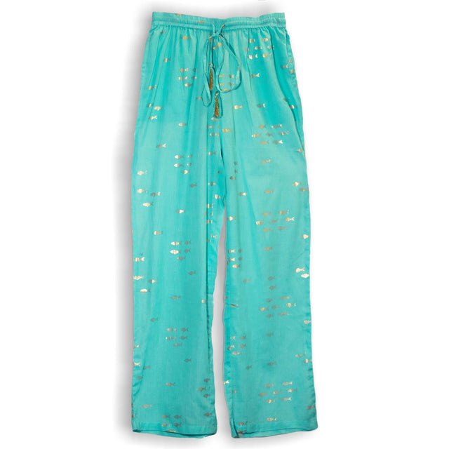 Nomad Sari Lounge Pants (M/L)  Turquoise with Hand-Painted Gold Fish Design