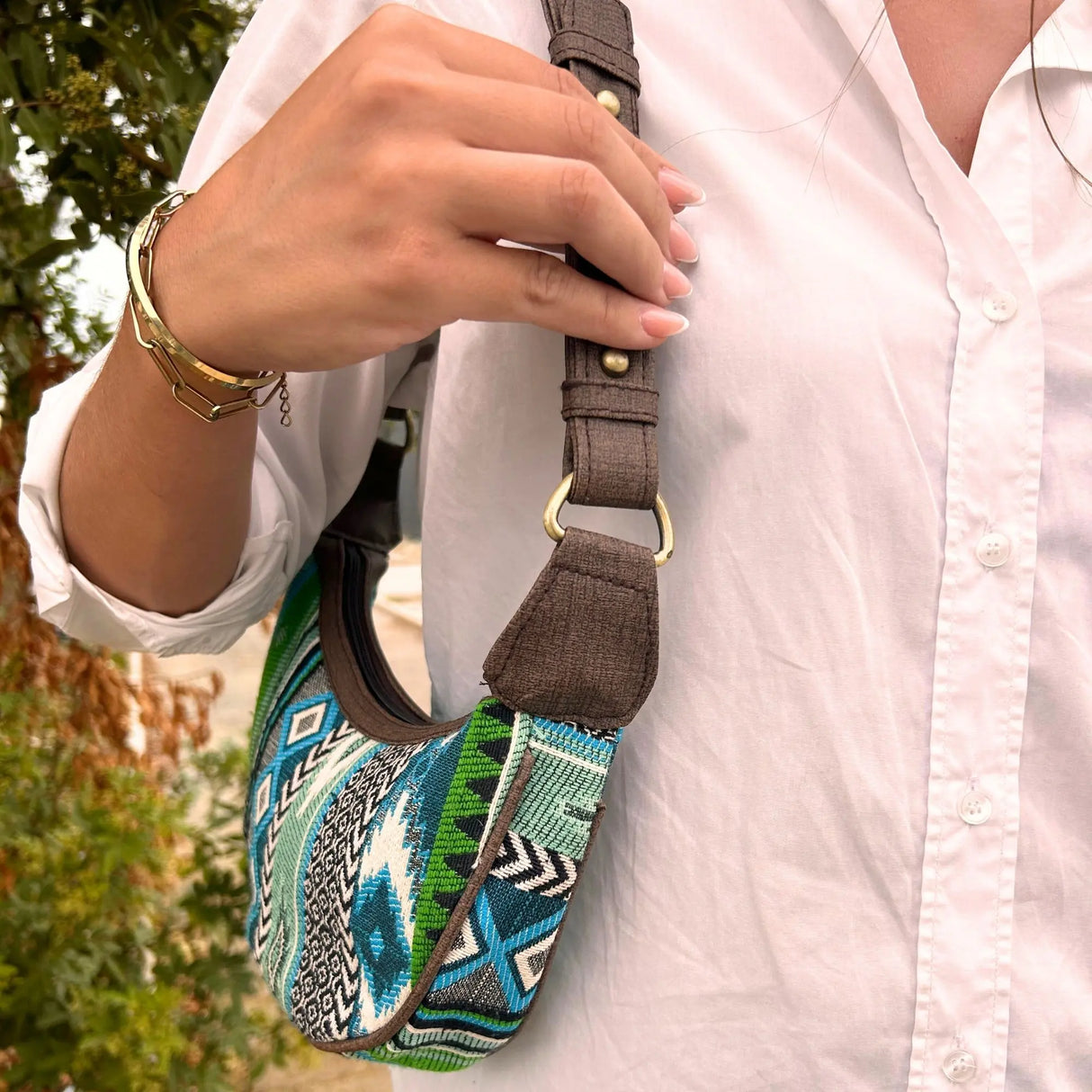 Jacquard Hobo Bag - Bold Greens (brown strap)