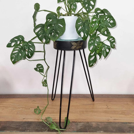 Albasia Wood Plant Stand - Turquoise & gold detail