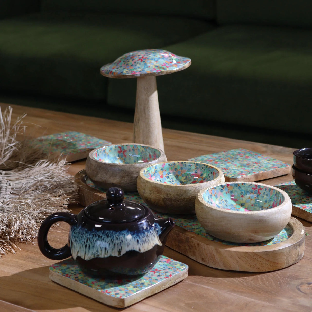 Mango Wood Tray with 3 Bowls - Mediterranean Tile pattern