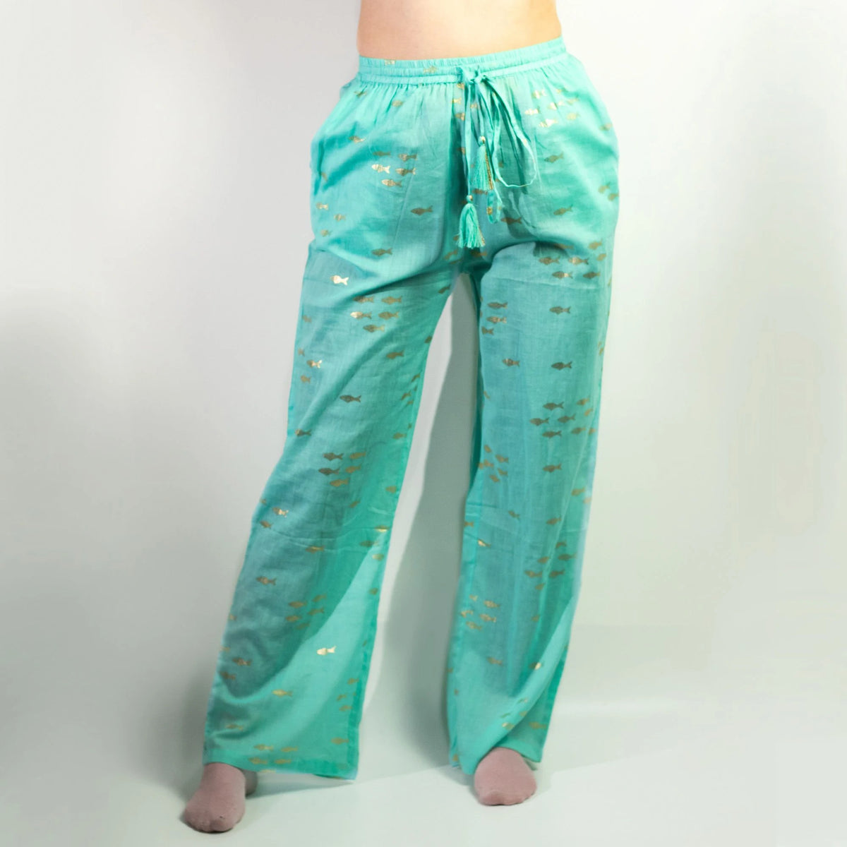 Nomad Sari Lounge Pants (M/L)  Turquoise with Hand-Painted Gold Fish Design