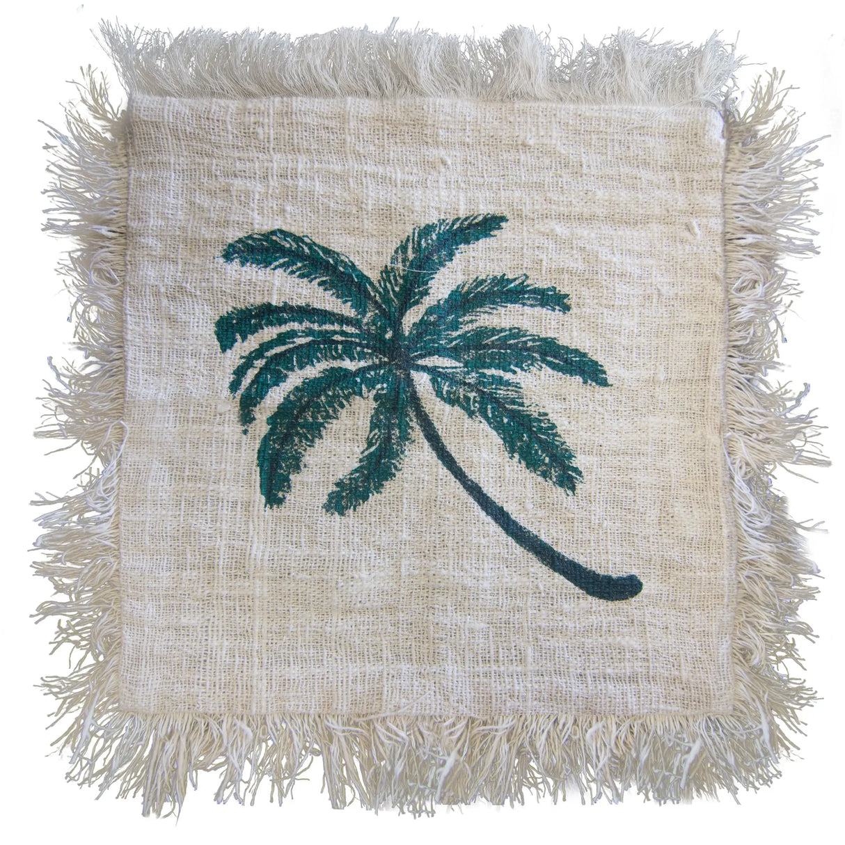 Linen Cushion Cover 45x45cm Palm Tree  with Fringe