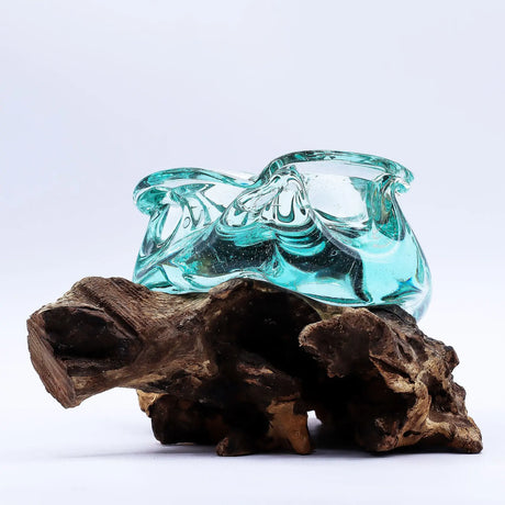 Molten Glass Chunky Ashtray / Candle Holder on Wood 23cm