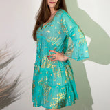 Nomad Sari Turquoise & Gold Coral Print Dress (M/L)