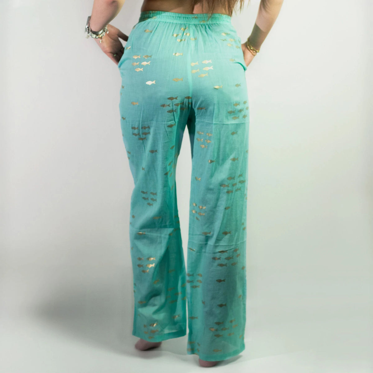 Nomad Sari Lounge Pants (L/XL)  Turquoise with Hand-Painted Gold Fish Design