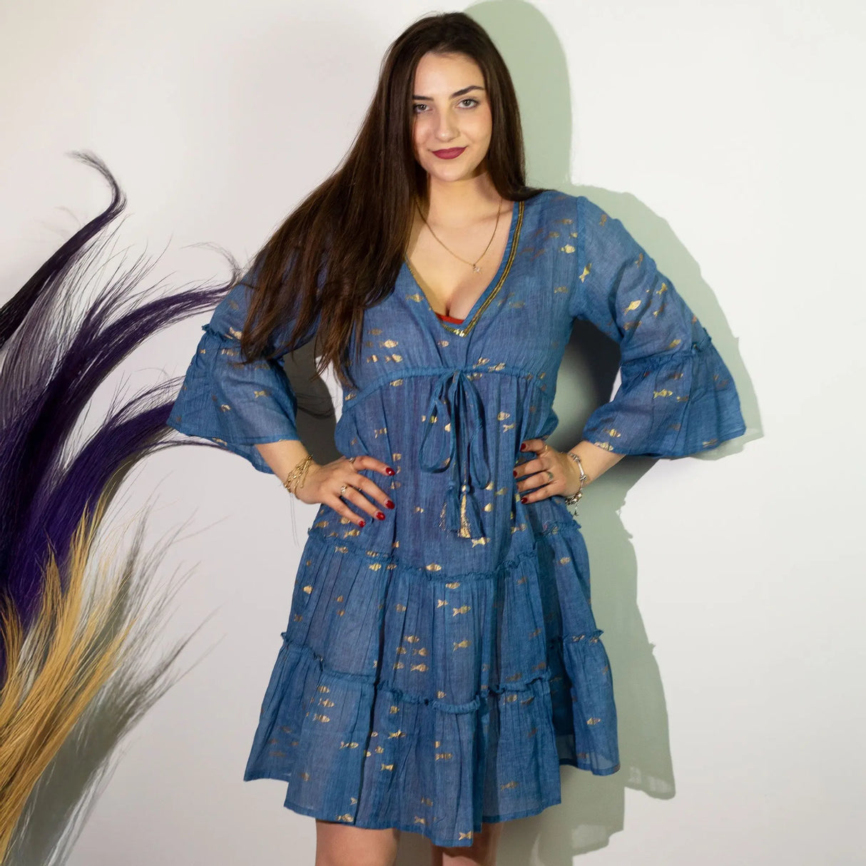 Nomad Sari Sea Blue & Gold Fish Print Dress (L/XL)