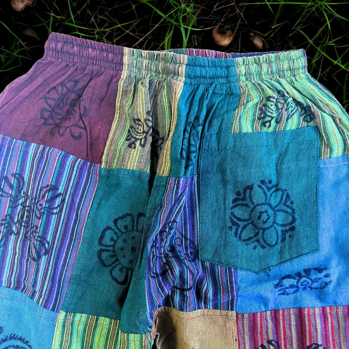 Nomad Sari - Mushroom Pants - Block Print Designs -Green Tones S/M