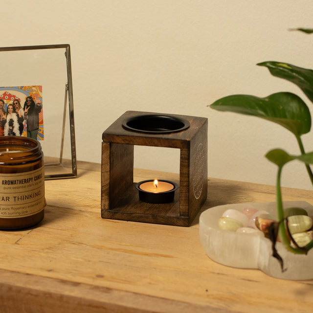 Square Mango Wood Oil Burner  - Hamsa
