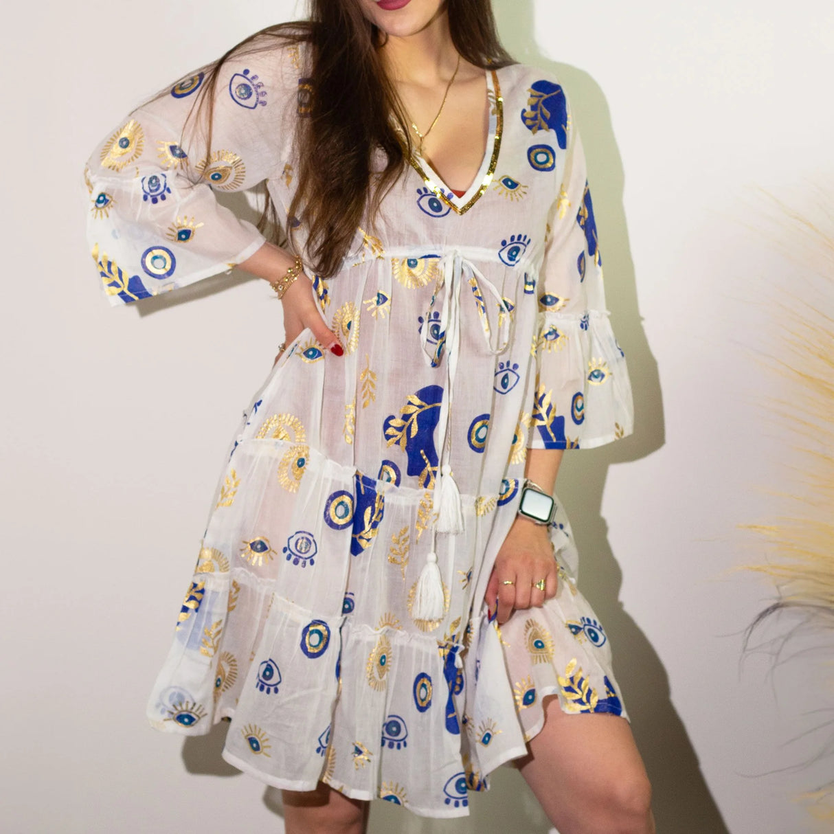 Nomad Sari Evil Eye Dress  White, Blue & Gold  Size L/XL