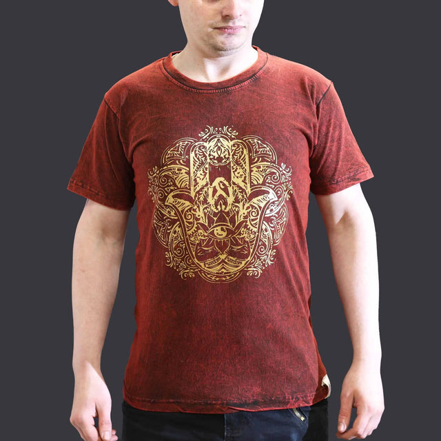 Nomad Sari Stonewashed Cotton T-Shirt  Hamsa  Maroon  Small