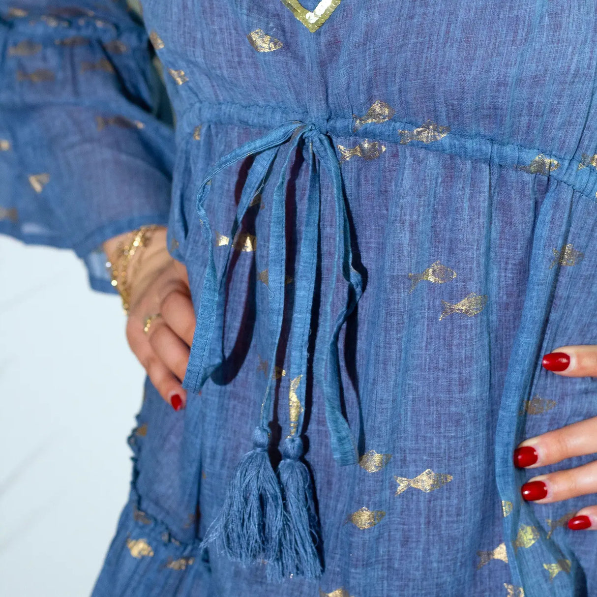 Nomad Sari Sea Blue & Gold Fish Print Dress (M/L)