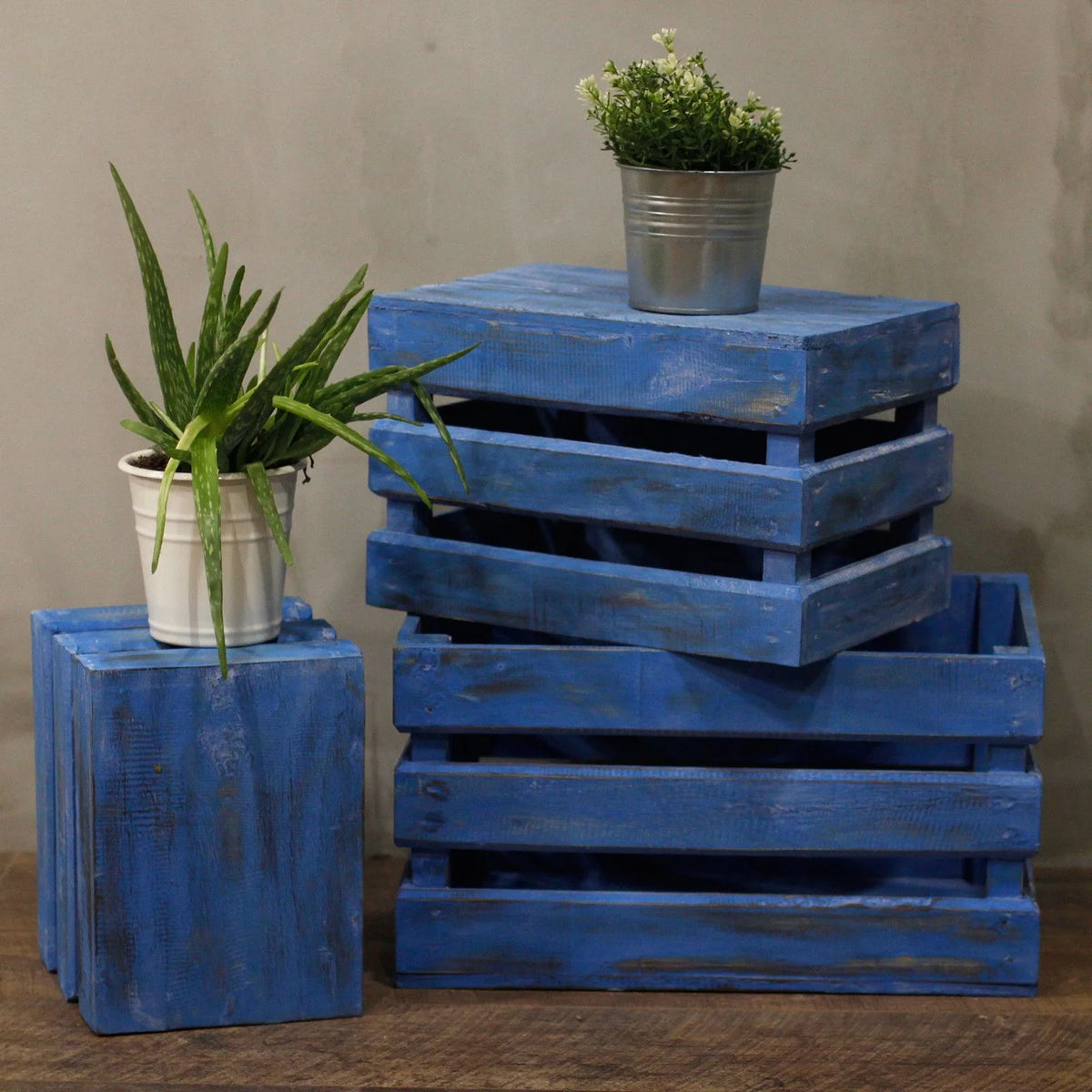 Wooden Storage Crates  Bluewash (Set of 3)
