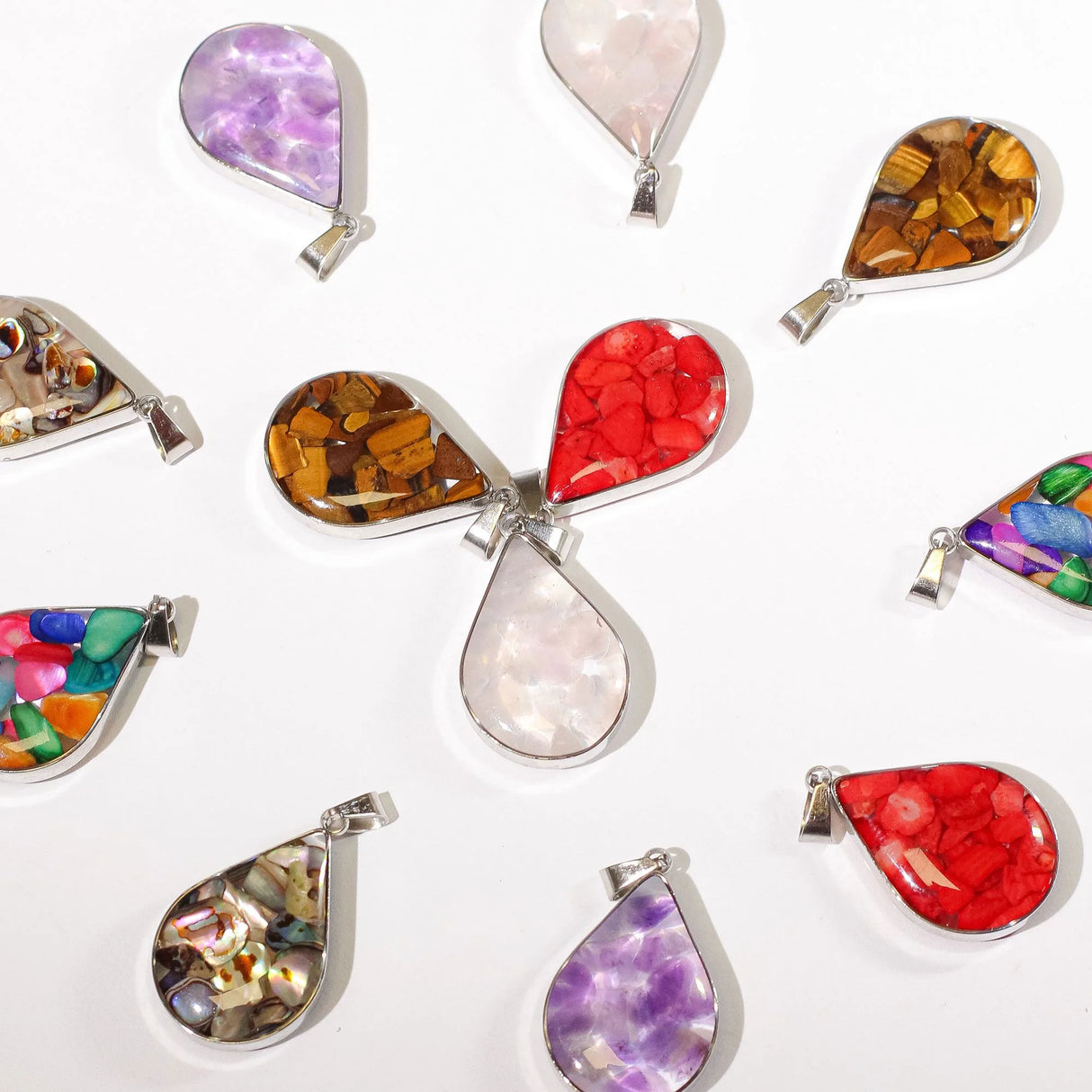 Steel Cased Pendant Teardrops - 12 Assorted Gemstone Chips & Shells