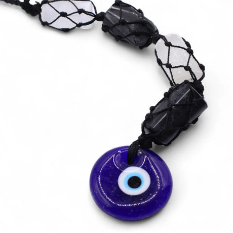 Hanging Stone Pendant - Black Torrmaline & Selonite Tumble- Evil Eye