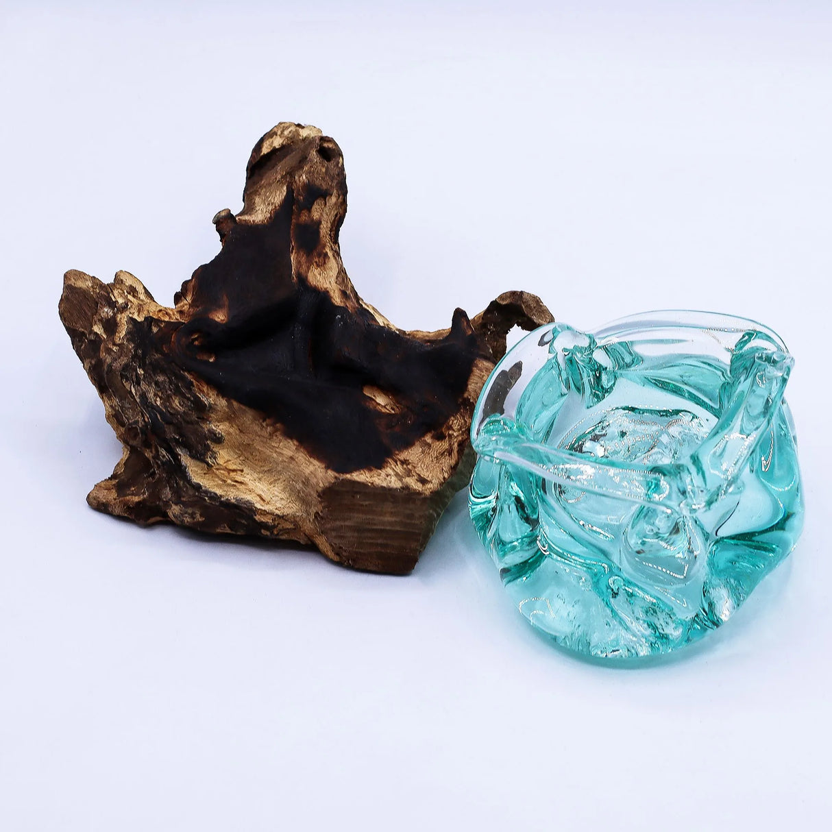 Molten Glass Chunky Ashtray / Candle Holder on Wood 23cm