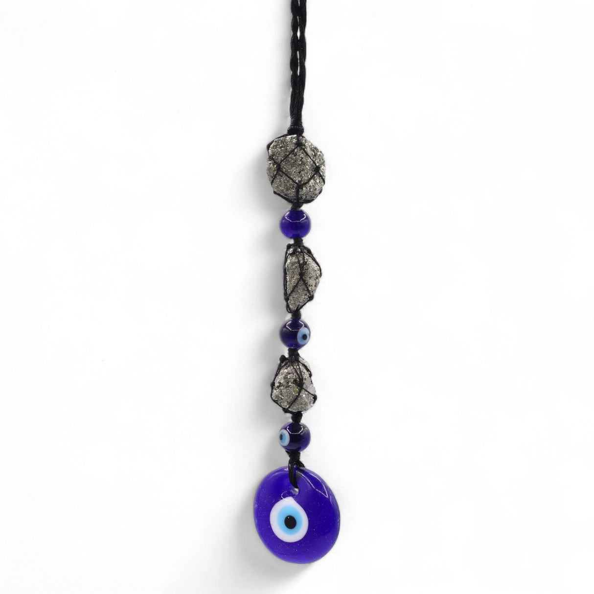 Hanging Stone Pendant - Pirite Stones & Beads- Evil Eye