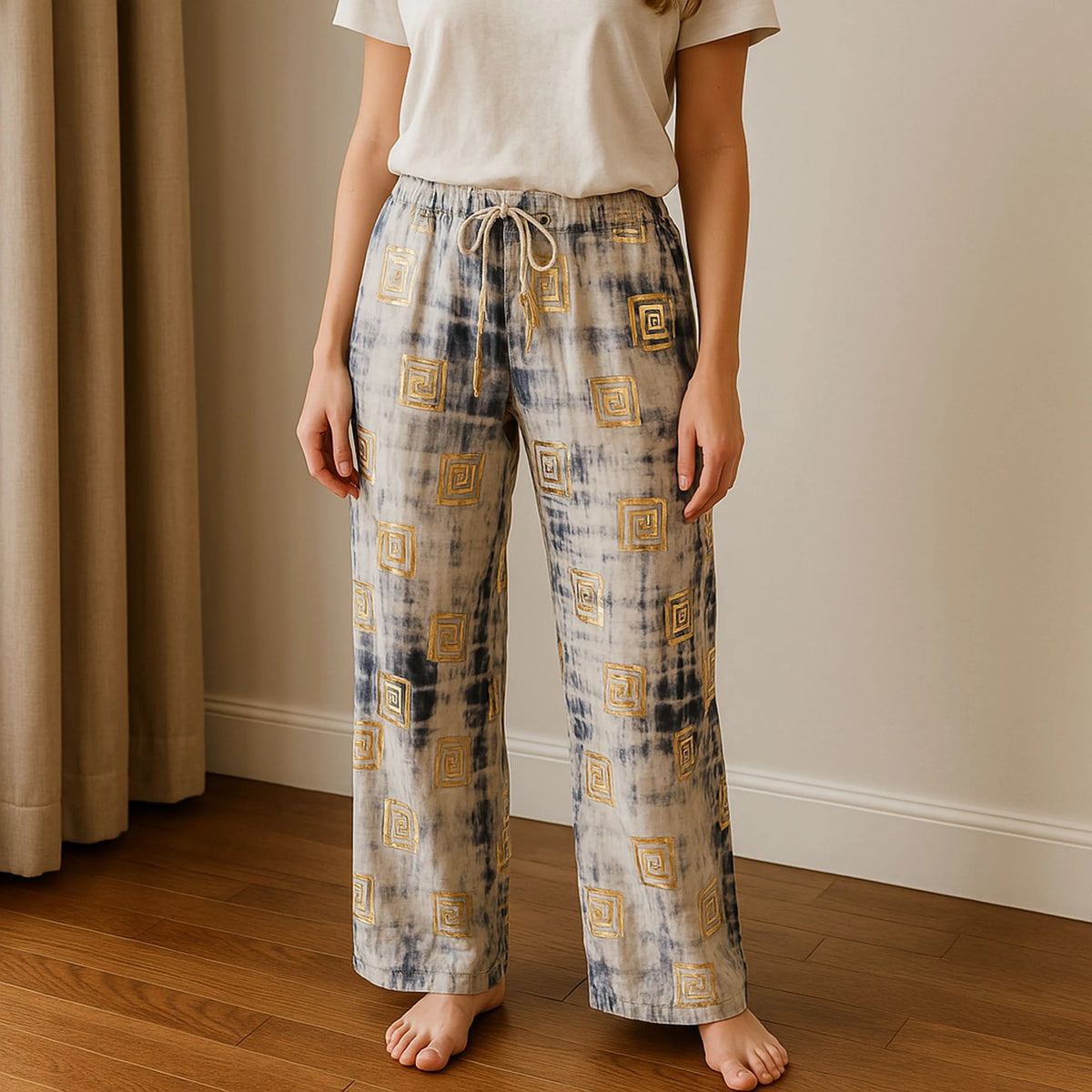 Nomad Sari Lounge Pants (M/L)  Blue Tie-Dye with Gold Greek Motif