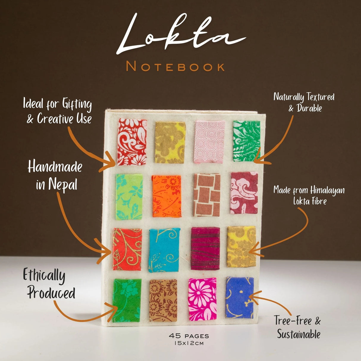 Lokta Mini Tiles Notebook  Medium (15x12cm)  45 Leaves  Natural