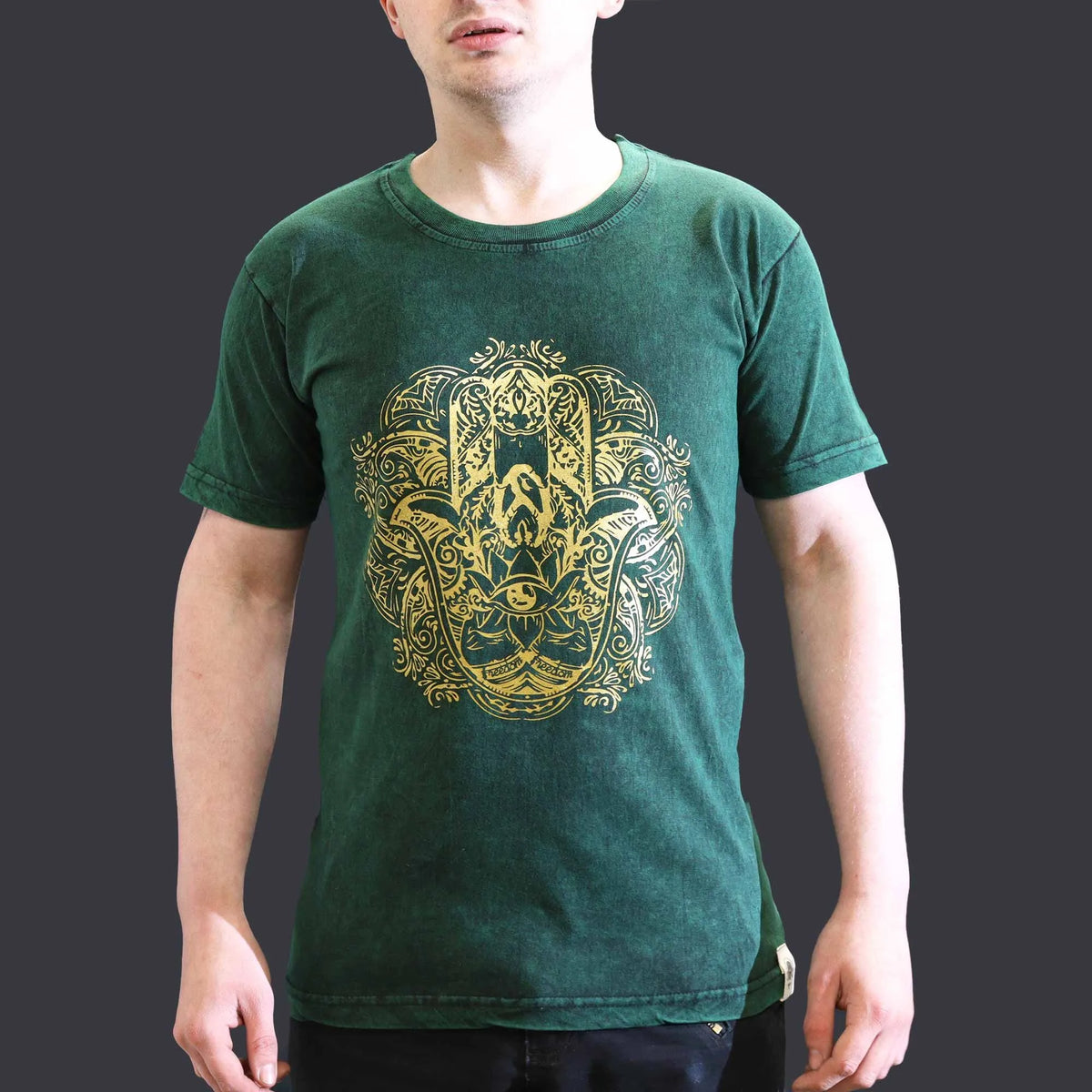 Nomad Sari Stonewashed Cotton T-Shirt  Hamsa  Green  Small