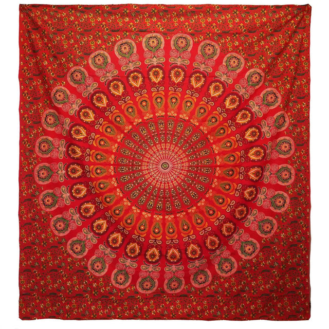 Double Cotton Bedspread + Wall Hanging - Peacock Mandala - Red